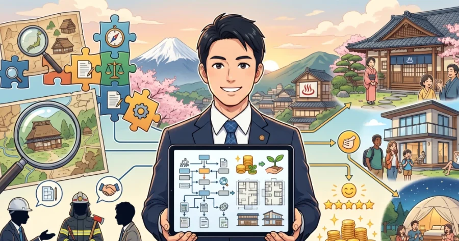 笑顔の男性行政書士を中心に、宿泊施設開業のサポート業務全体を描いたイラスト。手元のタブレットには業務フロー、建築図面、補助金を示すアイコンが表示されている。左側には物件調査や建築士・消防署との事前相談などの準備プロセス、右側には完成した旅館やグランピング施設、笑顔の顧客、高評価、収益などの成果が配置されている。背景には富士山と桜が描かれた、テキストなしの分かりやすい構成。