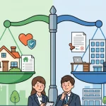 天秤に載った住居用賃貸（家、鍵、ソファ、住宅契約書）と事業用賃貸（オフィスビル、契約書、デスク、ヘルメット、¥マーク）のアイコンを真剣に見比べる、スーツ姿の男女行政書士のイラスト。