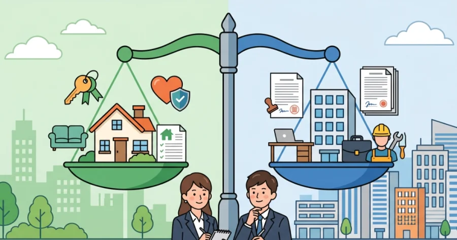 天秤に載った住居用賃貸（家、鍵、ソファ、住宅契約書）と事業用賃貸（オフィスビル、契約書、デスク、ヘルメット、¥マーク）のアイコンを真剣に見比べる、スーツ姿の男女行政書士のイラスト。