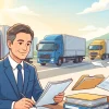 デスクで書類を作成するスーツ姿の行政書士と、背景の道路を走るトラック群のイラスト。一般貨物自動車運送事業の許可申請実務をイメージ。