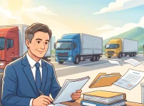デスクで書類を作成するスーツ姿の行政書士と、背景の道路を走るトラック群のイラスト。一般貨物自動車運送事業の許可申請実務をイメージ。