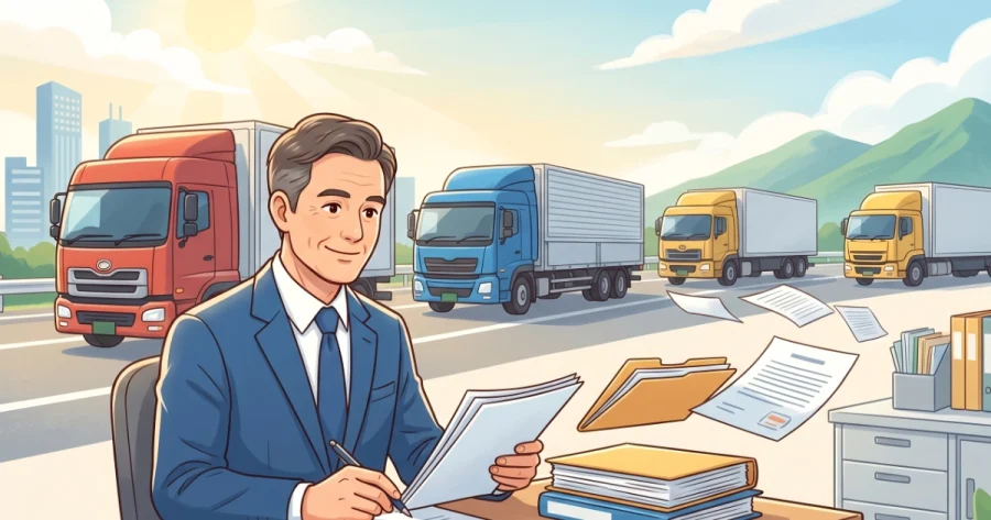 デスクで書類を作成するスーツ姿の行政書士と、背景の道路を走るトラック群のイラスト。一般貨物自動車運送事業の許可申請実務をイメージ。