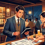 居酒屋で行政書士と女性店主が店舗図面を囲み、営業許可や深夜営業の届出について真剣に相談しているイラスト。
