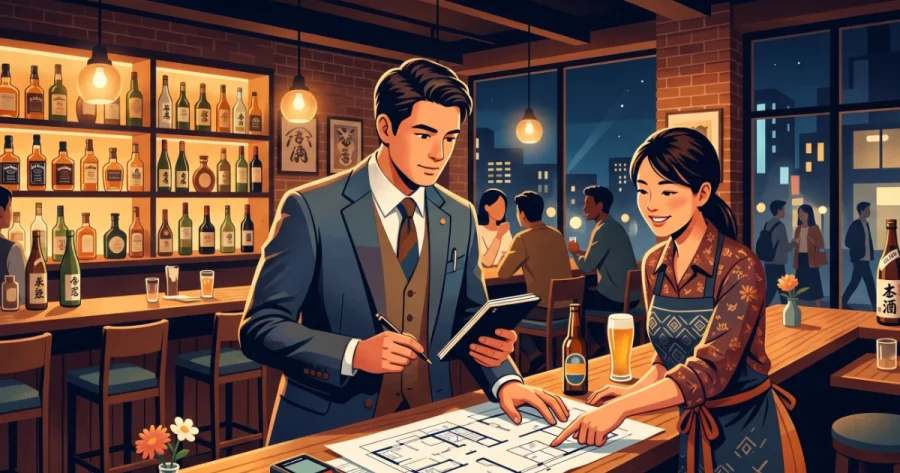 居酒屋で行政書士と女性店主が店舗図面を囲み、営業許可や深夜営業の届出について真剣に相談しているイラスト。