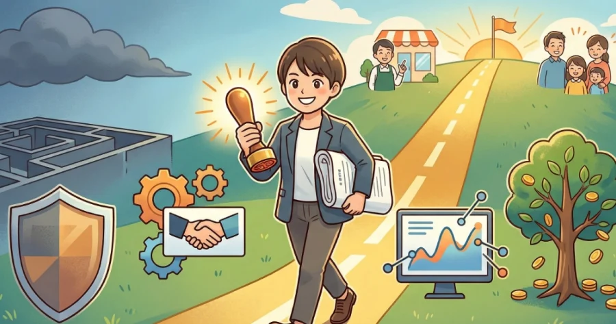 職印を手に明るい未来へ向かって歩く行政書士のイラスト。暗雲や迷路といった開業時の不安や失敗を抜け出し、人脈構築(握手)、Web集客(グラフ)、安定したストック収入(金の成る木)を得て独立開業を成功させるプロセスを表現しています。