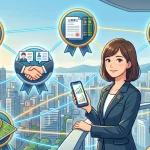スマートフォンやパソコンの通信講座を活用し、宅建や社労士など複数の資格（ダブルライセンス）を取得して実務の拡大とキャリアアップを目指す行政書士のイラスト。