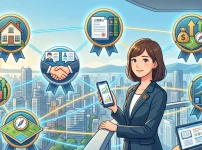 スマートフォンやパソコンの通信講座を活用し、宅建や社労士など複数の資格（ダブルライセンス）を取得して実務の拡大とキャリアアップを目指す行政書士のイラスト。