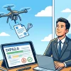 DIPS2.0でドローンの飛行許可申請を進める男性行政書士のイラスト。タブレットの進捗バーと、空に飛ぶドローン。