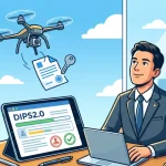 DIPS2.0でドローンの飛行許可申請を進める男性行政書士のイラスト。タブレットの進捗バーと、空に飛ぶドローン。