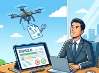 DIPS2.0でドローンの飛行許可申請を進める男性行政書士のイラスト。タブレットの進捗バーと、空に飛ぶドローン。