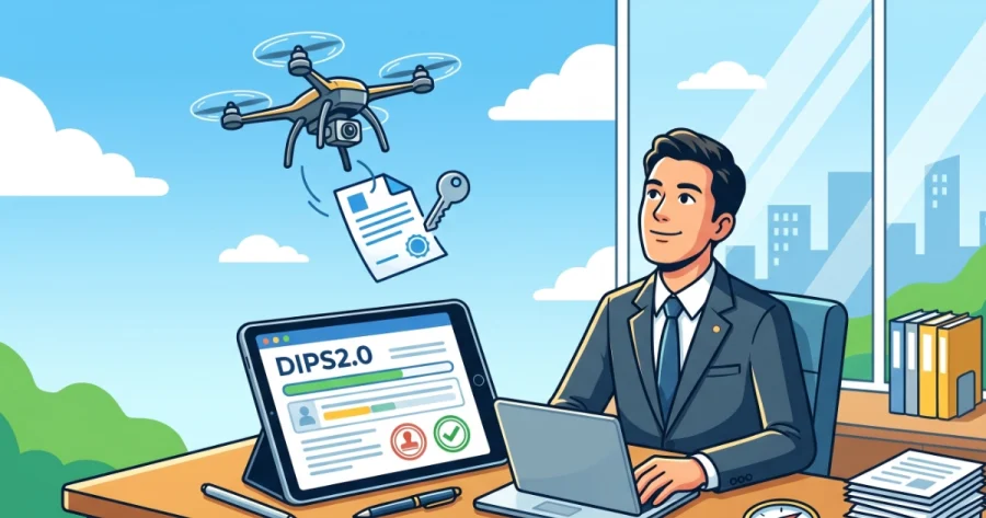 DIPS2.0でドローンの飛行許可申請を進める男性行政書士のイラスト。タブレットの進捗バーと、空に飛ぶドローン。