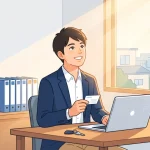 朝日が差し込む新しい事務所で、パソコンやプリンターなどの備品を揃え、名刺を手に笑顔で開業準備を進める行政書士のイラスト