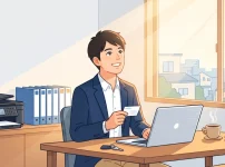 朝日が差し込む新しい事務所で、パソコンやプリンターなどの備品を揃え、名刺を手に笑顔で開業準備を進める行政書士のイラスト