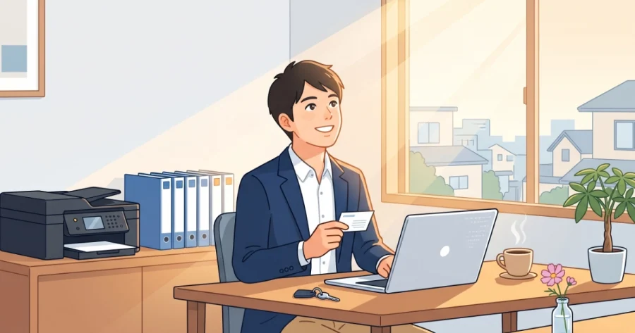 朝日が差し込む新しい事務所で、パソコンやプリンターなどの備品を揃え、名刺を手に笑顔で開業準備を進める行政書士のイラスト