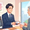 明るい行政書士事務所で、若い男性行政書士が年配の男性顧客と笑顔で名刺交換をしているイラスト。パソコンの画面にはコスモスマークをあしらった名刺のデザインデータが表示されており、デスクの上には印刷された真新しい名刺の束や職印が置かれている。
