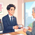 明るい行政書士事務所で、若い男性行政書士が年配の男性顧客と笑顔で名刺交換をしているイラスト。パソコンの画面にはコスモスマークをあしらった名刺のデザインデータが表示されており、デスクの上には印刷された真新しい名刺の束や職印が置かれている。