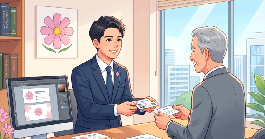 明るい行政書士事務所で、若い男性行政書士が年配の男性顧客と笑顔で名刺交換をしているイラスト。パソコンの画面にはコスモスマークをあしらった名刺のデザインデータが表示されており、デスクの上には印刷された真新しい名刺の束や職印が置かれている。