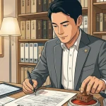 デスクでパソコンやタブレットを活用して適正な報酬額を計算し、丁寧に申請書類や見積書を作成して職印を押す行政書士のイラスト。