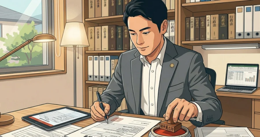 デスクでパソコンやタブレットを活用して適正な報酬額を計算し、丁寧に申請書類や見積書を作成して職印を押す行政書士のイラスト。