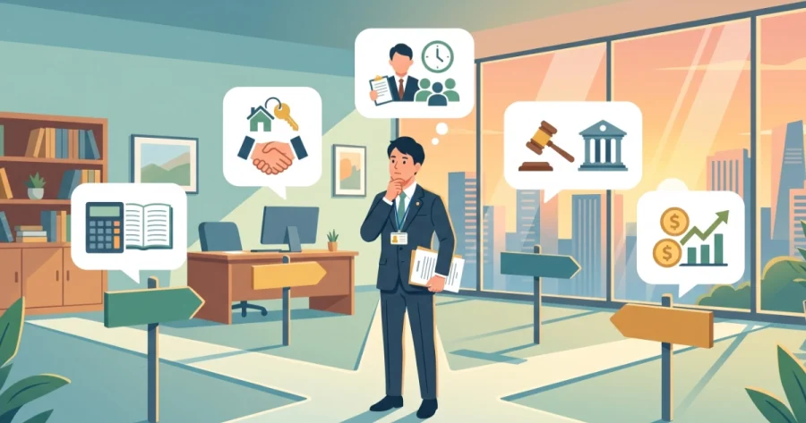 オフィスに立つ行政書士が、簿記、宅建、社労士、司法書士、FPなど他士業や関連資格を象徴するアイコンが浮かぶ分岐点に立ち、開業後のキャリア戦略やダブルライセンスに向けて、次にどの資格を選ぶべきか思案している様子を描いたイラスト。