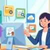 マルチモニターのパソコンで様々な業務ソフトやクラウドツールを駆使し、効率的に仕事を進める女性行政書士のイラスト