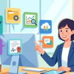 マルチモニターのパソコンで様々な業務ソフトやクラウドツールを駆使し、効率的に仕事を進める女性行政書士のイラスト