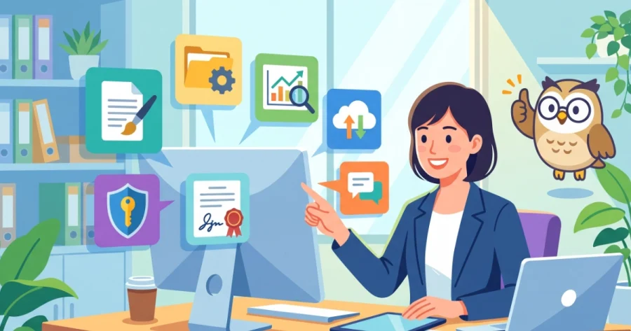 マルチモニターのパソコンで様々な業務ソフトやクラウドツールを駆使し、効率的に仕事を進める女性行政書士のイラスト