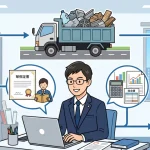パソコンに向かい産業廃棄物収集運搬業許可申請の書類作成や要件確認（講習会、経理的基礎、車両写真、複数自治体への申請）を行う行政書士のイラスト