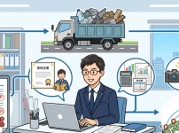 パソコンに向かい産業廃棄物収集運搬業許可申請の書類作成や要件確認（講習会、経理的基礎、車両写真、複数自治体への申請）を行う行政書士のイラスト