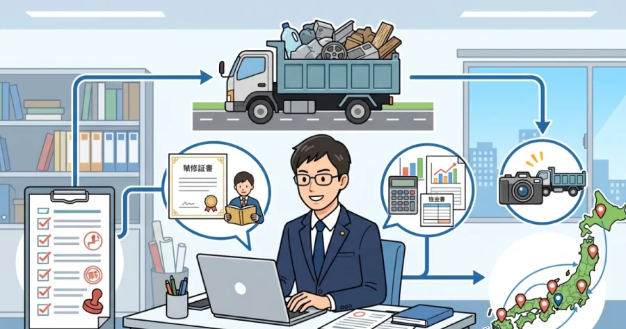 パソコンに向かい産業廃棄物収集運搬業許可申請の書類作成や要件確認（講習会、経理的基礎、車両写真、複数自治体への申請）を行う行政書士のイラスト