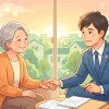 高齢女性と笑顔で対面し、優しく手を握りながら成年後見の相談に乗る若手行政書士のイラスト