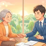 高齢女性と笑顔で対面し、優しく手を握りながら成年後見の相談に乗る若手行政書士のイラスト