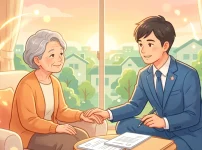 高齢女性と笑顔で対面し、優しく手を握りながら成年後見の相談に乗る若手行政書士のイラスト