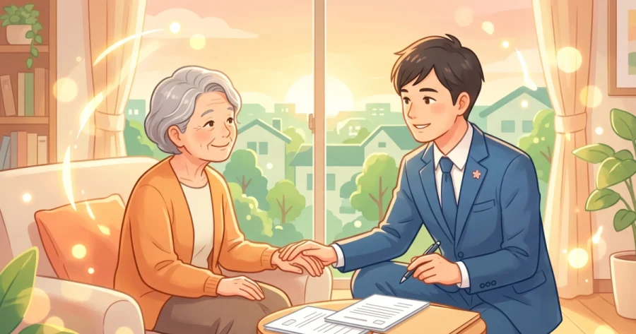 高齢女性と笑顔で対面し、優しく手を握りながら成年後見の相談に乗る若手行政書士のイラスト
