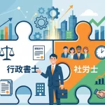 行政書士の業務（法務・許認可）と社労士の業務（人事・労務）がパズルのように組み合わさり、ダブルライセンスによる相乗効果（シナジー）を生み出してビジネスが成長していく様子を描いたアイキャッチイラスト。