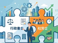 行政書士の業務（法務・許認可）と社労士の業務（人事・労務）がパズルのように組み合わさり、ダブルライセンスによる相乗効果（シナジー）を生み出してビジネスが成長していく様子を描いたアイキャッチイラスト。