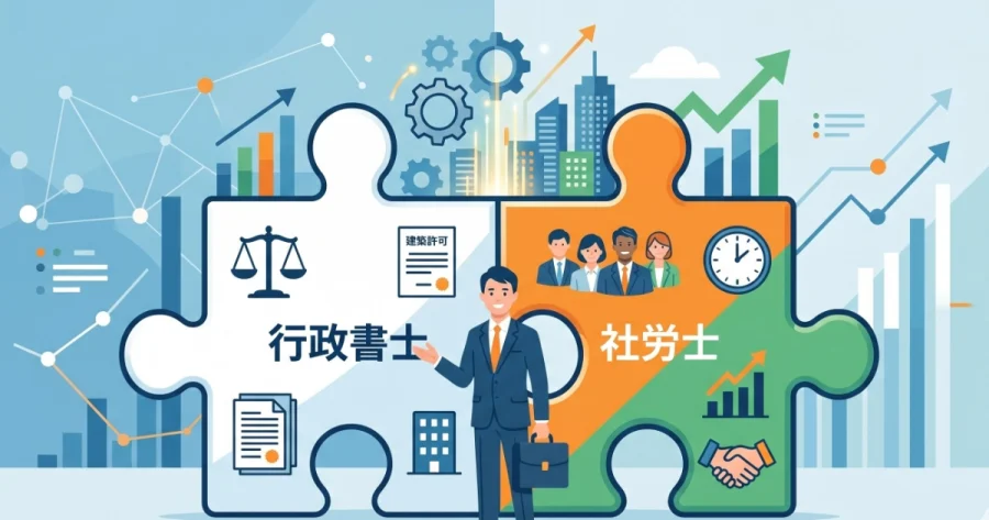 行政書士の業務（法務・許認可）と社労士の業務（人事・労務）がパズルのように組み合わさり、ダブルライセンスによる相乗効果（シナジー）を生み出してビジネスが成長していく様子を描いたアイキャッチイラスト。