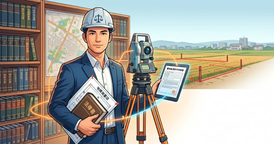 法律の天秤ロゴ入りヘルメットを被ったスーツ姿の男性が、「法律書」と「地積測量図」を抱え、「農地転用許可申請書」が表示されたタブレットを持っている。横にはトータルステーションがあり、背景には農地が広がっている。行政書士と土地家屋調査士のダブルライセンスによって実現する、測量から許認可までのワンストップサービスを象徴するイラスト。