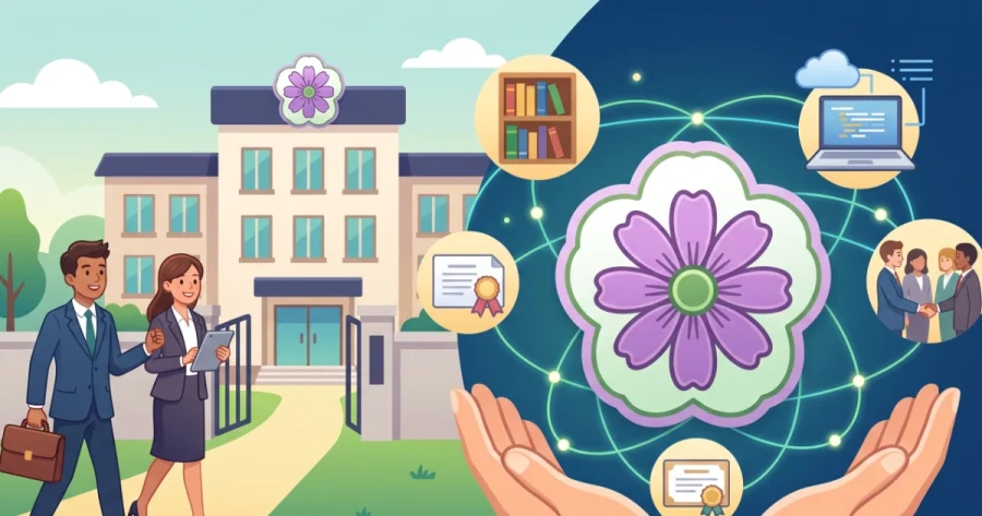 左側に行政書士（Administrative Scrivener）のバッジ（コスモスの花）が飾られた建物（事務所または行政書士会）と、そこに向かうタブレットを持った女性行政書士とブリーフケースを持った男性行政書士のイラスト。右側には、2つの手が支えるように、コスモスの花（行政書士のシンボル）を中心に、法律知識、デジタルツール（電子申請）、人脈形成（支部活動）、資格登録を意味するアイコンがネットワークラインで繋がれている。