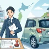 自動車登録の書類を作成する男性行政書士と、顧客の駐車場で出張封印（ナンバープレートの取り付け作業）を行う女性行政書士のイラスト