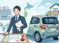 自動車登録の書類を作成する男性行政書士と、顧客の駐車場で出張封印（ナンバープレートの取り付け作業）を行う女性行政書士のイラスト