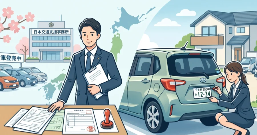 自動車登録の書類を作成する男性行政書士と、顧客の駐車場で出張封印（ナンバープレートの取り付け作業）を行う女性行政書士のイラスト