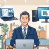デスクでDellのノートパソコンを開いて笑顔で仕事をするスーツ姿の行政書士のイラスト。周囲にはデスクトップPC、モバイルノート、タブレット（2-in-1）など様々な種類のDellパソコンが浮かんでおり、行政書士の多様な業務スタイルに最適なパソコン選びを表現しています。