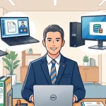 デスクでDellのノートパソコンを開いて笑顔で仕事をするスーツ姿の行政書士のイラスト。周囲にはデスクトップPC、モバイルノート、タブレット（2-in-1）など様々な種類のDellパソコンが浮かんでおり、行政書士の多様な業務スタイルに最適なパソコン選びを表現しています。