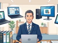 デスクでDellのノートパソコンを開いて笑顔で仕事をするスーツ姿の行政書士のイラスト。周囲にはデスクトップPC、モバイルノート、タブレット（2-in-1）など様々な種類のDellパソコンが浮かんでおり、行政書士の多様な業務スタイルに最適なパソコン選びを表現しています。