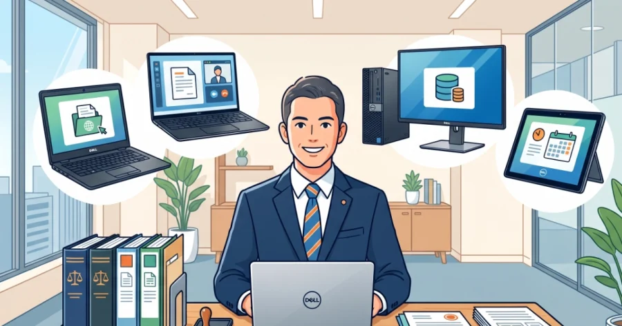 デスクでDellのノートパソコンを開いて笑顔で仕事をするスーツ姿の行政書士のイラスト。周囲にはデスクトップPC、モバイルノート、タブレット（2-in-1）など様々な種類のDellパソコンが浮かんでおり、行政書士の多様な業務スタイルに最適なパソコン選びを表現しています。