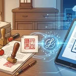 伝統的な紙の書類と木製のハンコから、タブレット上の電子署名やクラウドネットワークへと移行する様子を描いた、行政書士のハンコ電子化・実務のデジタル化を象徴するイラスト。