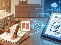 伝統的な紙の書類と木製のハンコから、タブレット上の電子署名やクラウドネットワークへと移行する様子を描いた、行政書士のハンコ電子化・実務のデジタル化を象徴するイラスト。