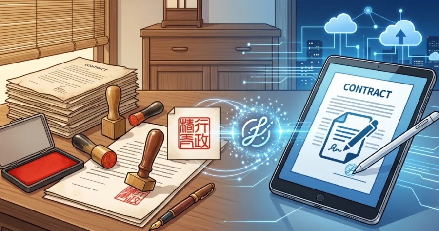 伝統的な紙の書類と木製のハンコから、タブレット上の電子署名やクラウドネットワークへと移行する様子を描いた、行政書士のハンコ電子化・実務のデジタル化を象徴するイラスト。