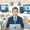 デスクでHPのノートパソコンを開いて笑顔で仕事をするスーツ姿の行政書士のイラスト。デスク上には天秤アイコン付きの法律書、書類、印鑑。周囲にはデスクトップPC、タブレット、e-Gov電子申請システム、DISCOUNT SALEのチケット、セキュリティ、サポートのアイコンが浮かんでおり、HPパソコンを用いたデジタルワークスタイルを表現しています。
